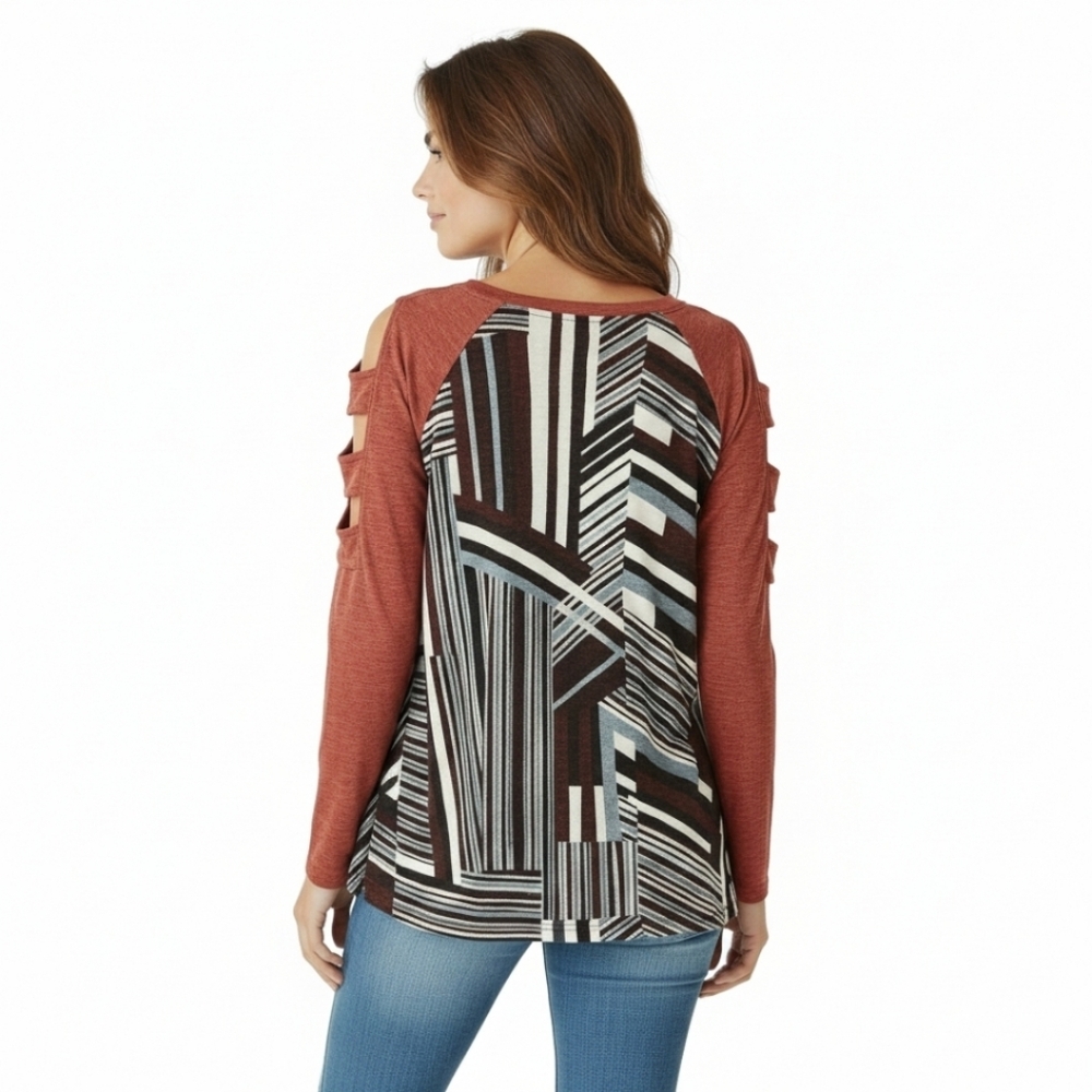 CY FASHION Women's New LongSleeve Cutout Abstract Top S/L - Picture 11 of 16